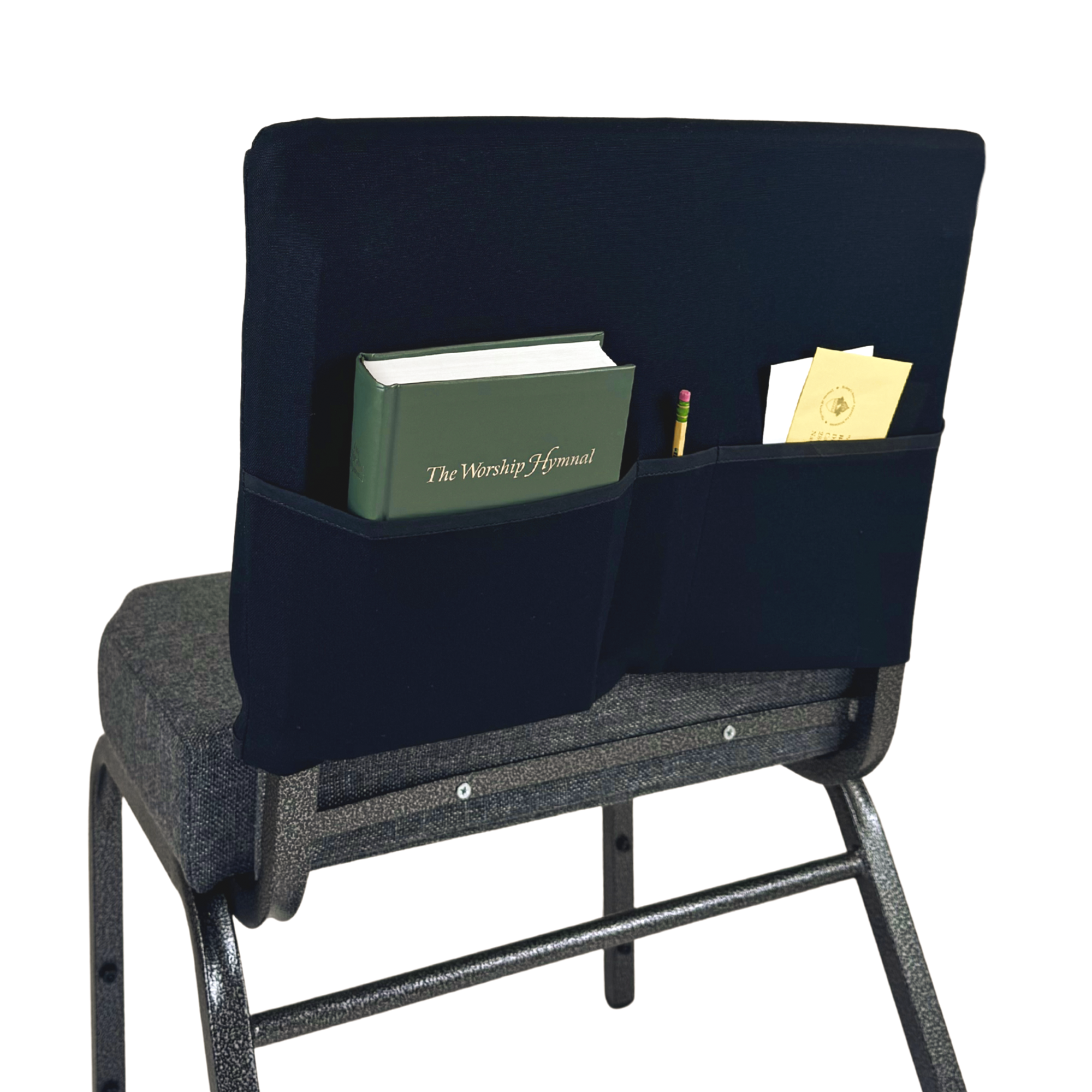 Aussie Pouch Church Chair Pocket holding worship aides and giving materials