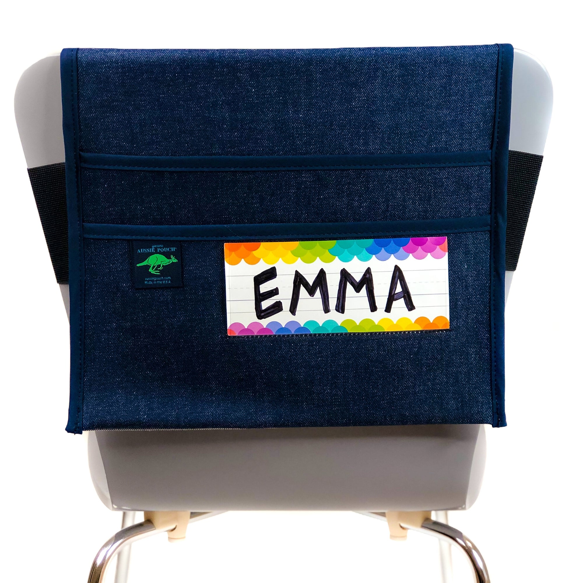 Aussie Pouch Adjustable Chair Pocket Navy Trim with Name Tag Holder
