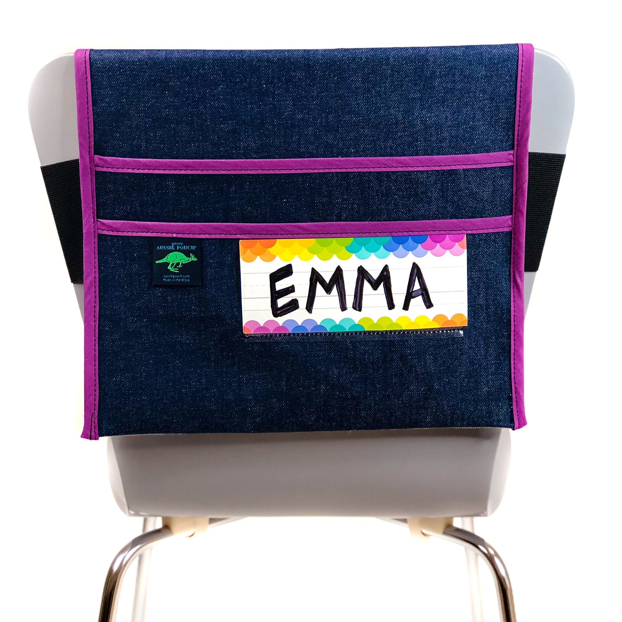 Aussie Pouch Adjustable Chair Pocket Purple Trim with Name Tag Holder