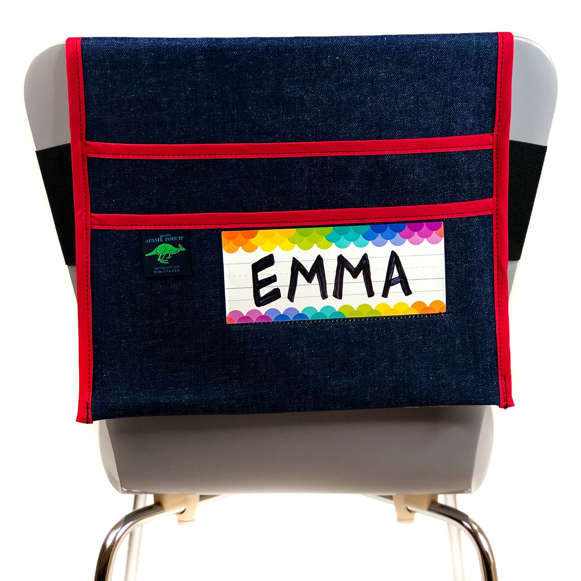 Aussie Pouch Adjustable Chair Pocket Red Trim with Name Tag Holder