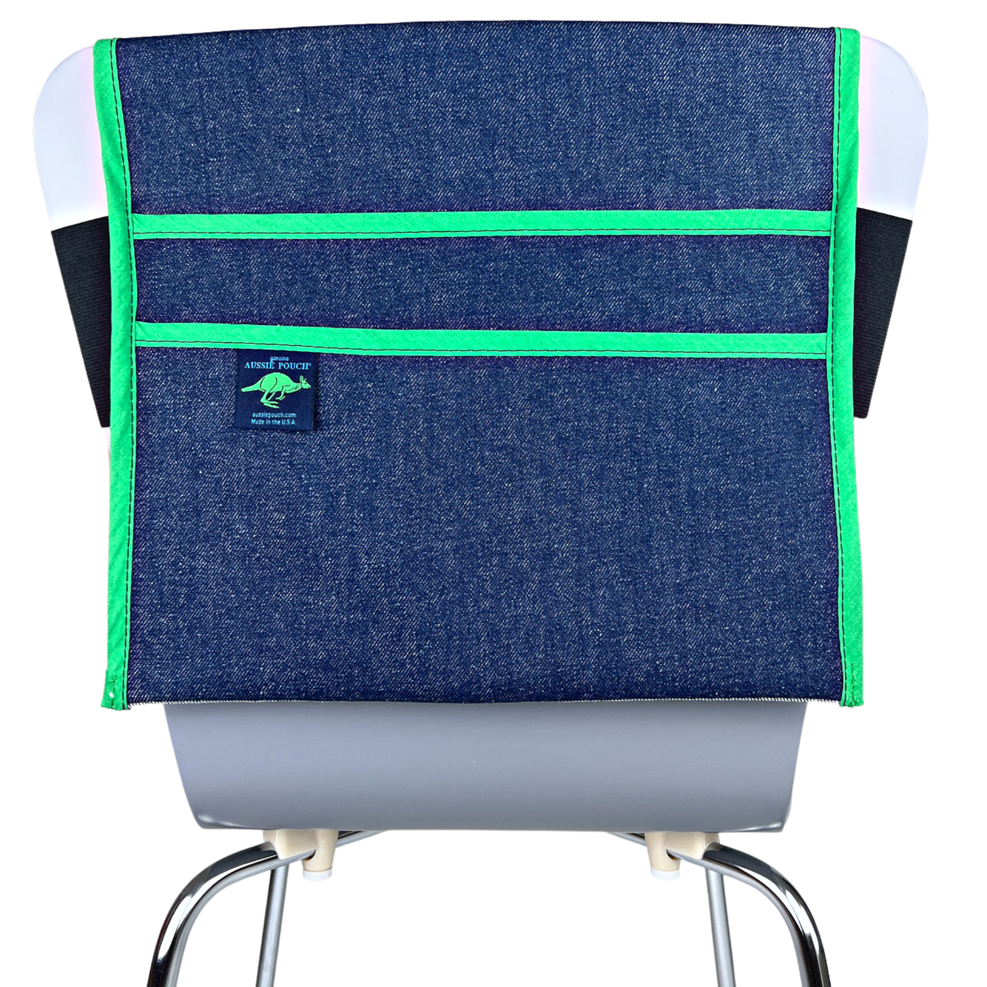 Aussie Pouch® Adjustable School Chair Pocket Denim with Green Trim