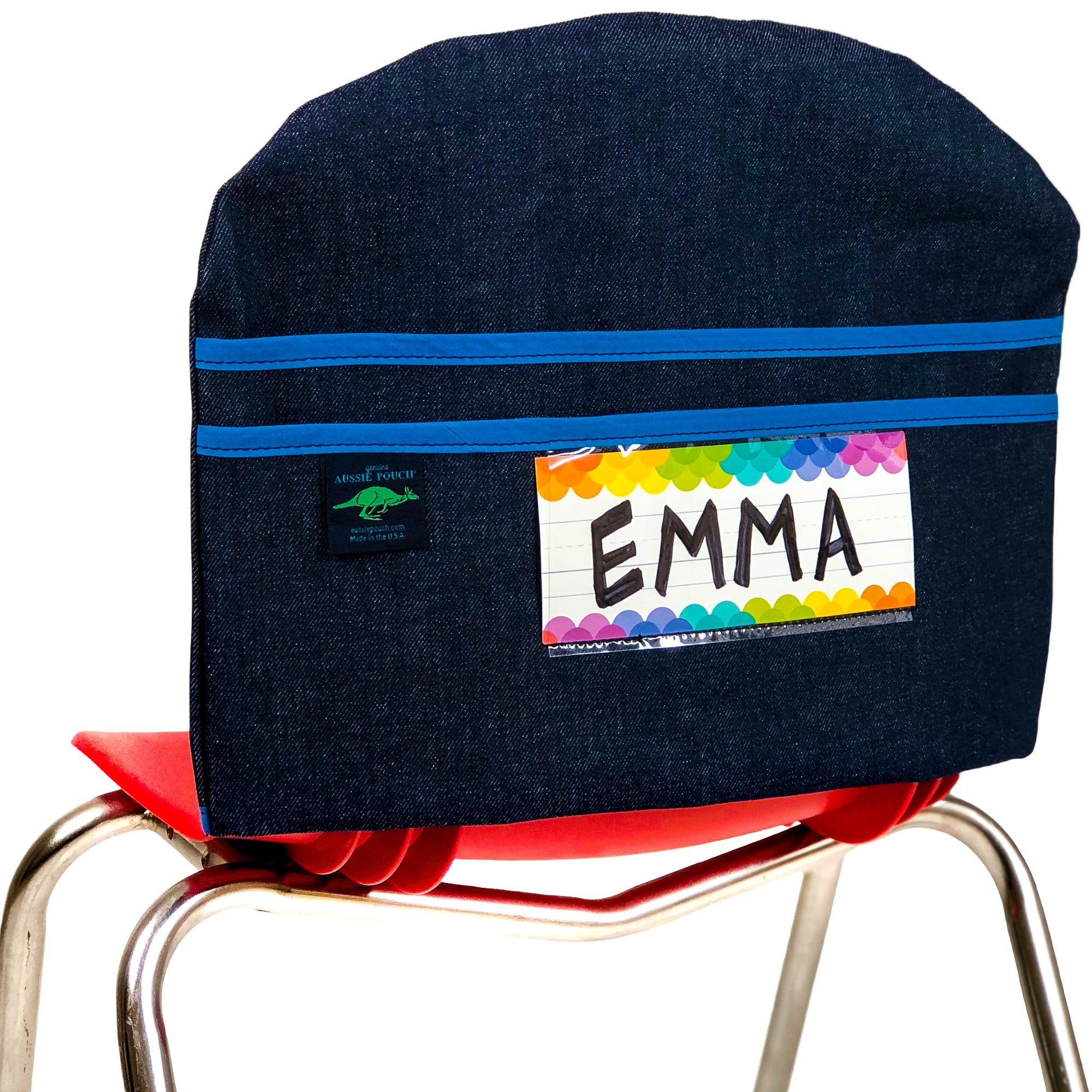 Aussie Pouch Curve Chair Pocket Blue Trim with Name Tag Holder