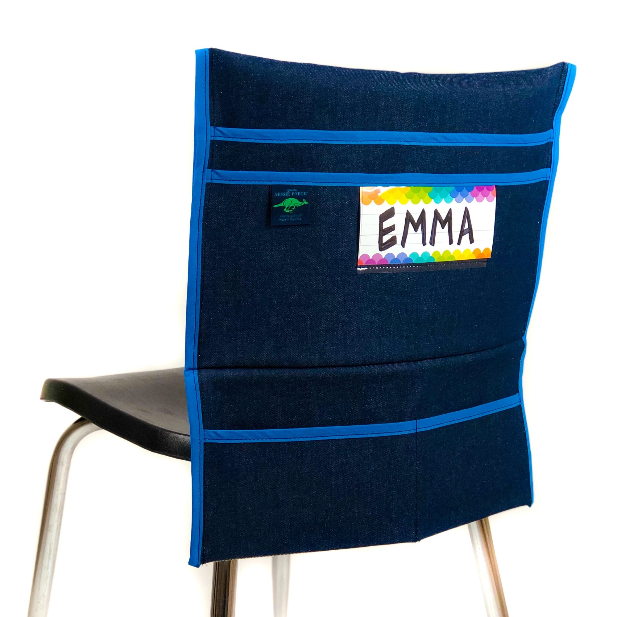 Aussie Pouch Organizer Chair Pocket Blue Trim with Name Tag Holder
