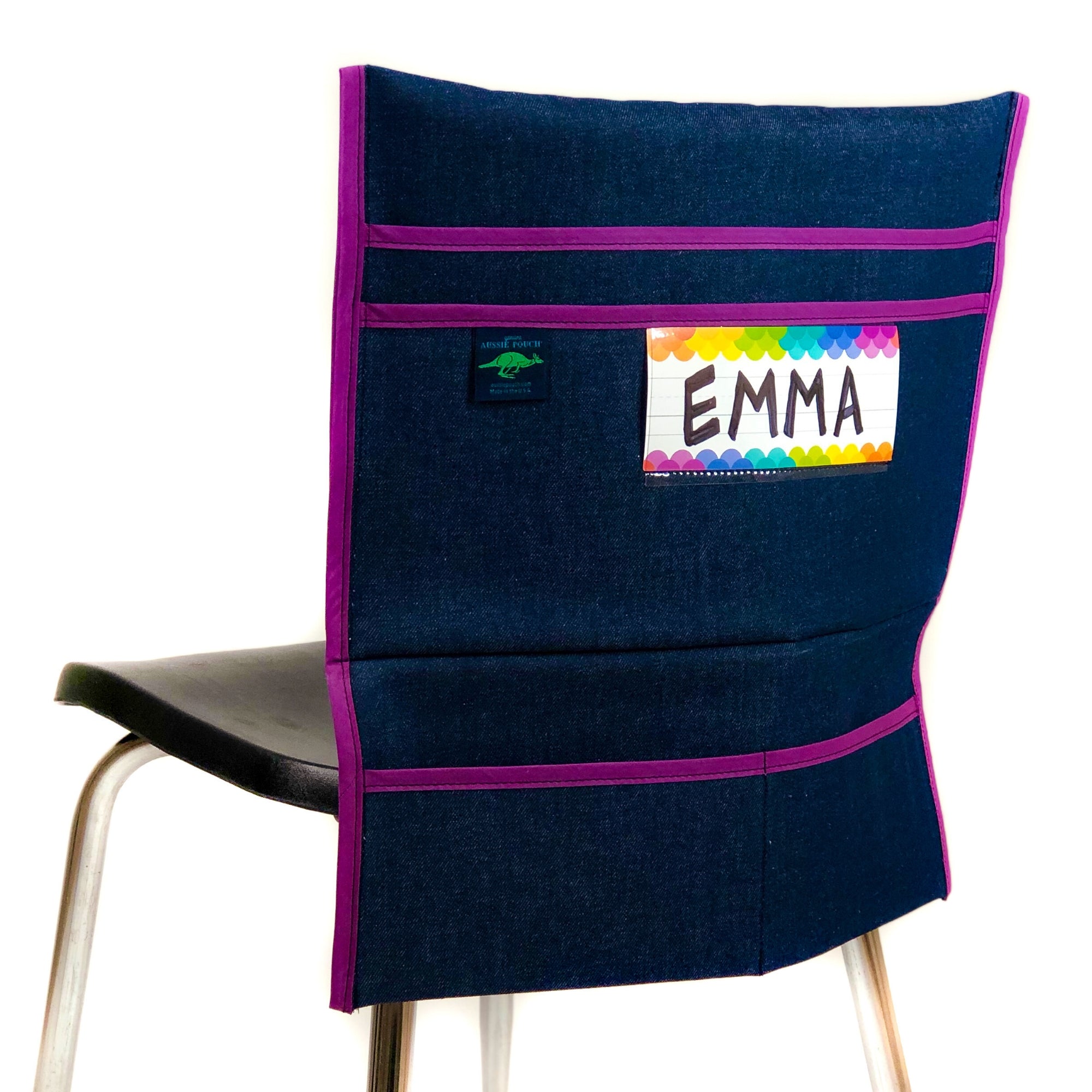 Aussie Pouch Organizer Chair Pocket Purple Trim with Name Tag Holder