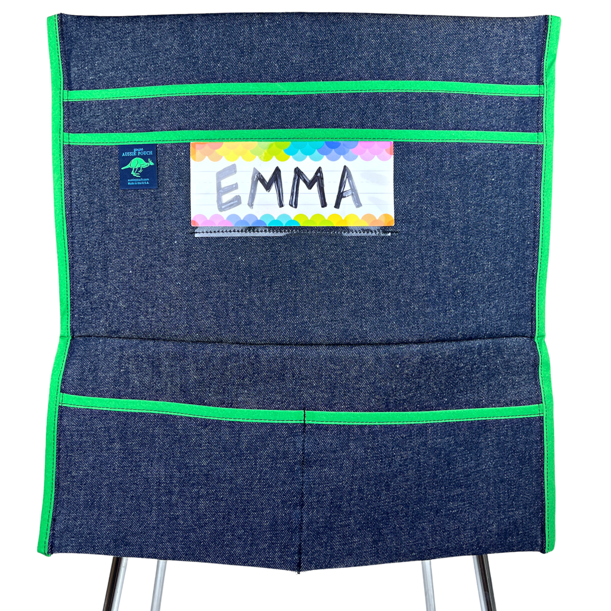 Aussie Pouch® Organizer School Chair Pocket Denim with Green Trim and Name Tag Holder
