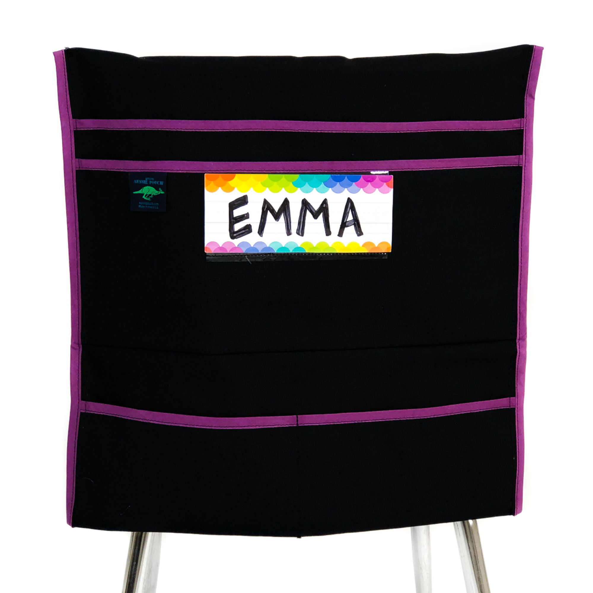 Aussie Pouch Organizer Chair Pocket Purple Trim with Name Tag Holder
