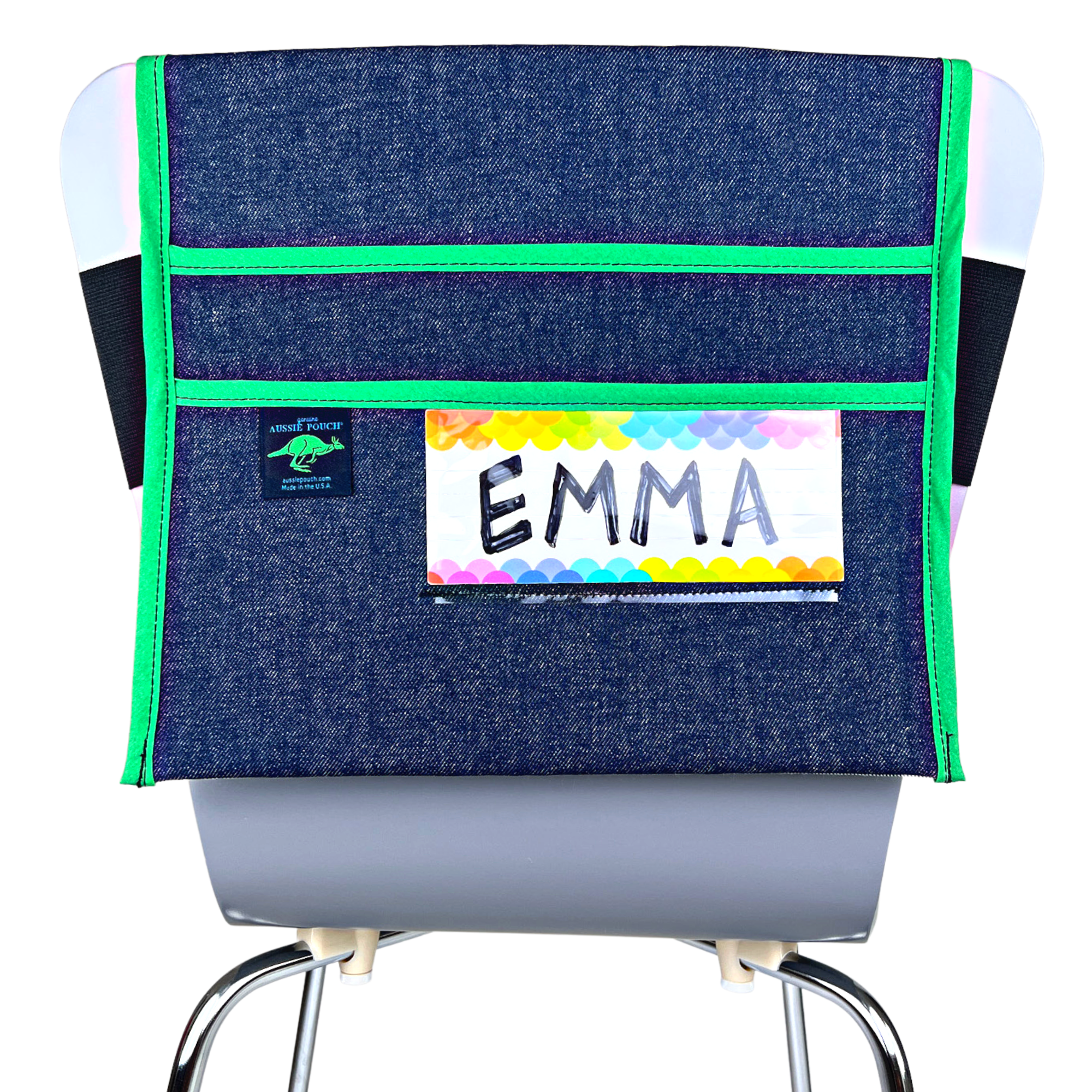 Aussie Pouch® Adjustable School Chair Pocket Denim with Green Trim and Name Tag Holder