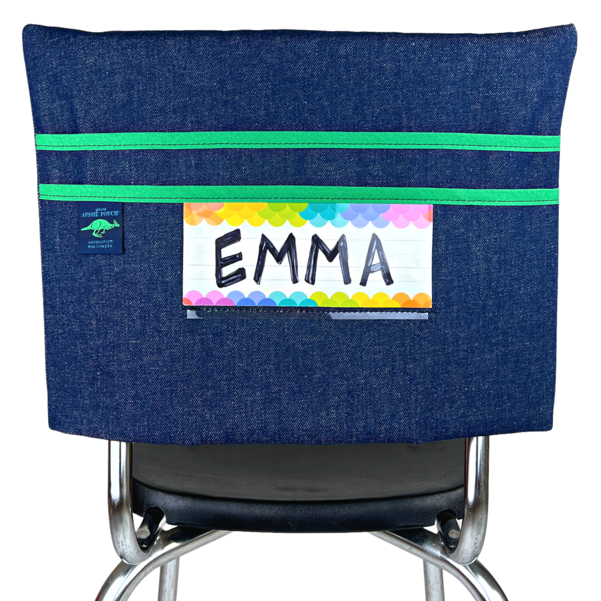 Aussie Pouch® School Chair Pocket Denim with Green Trim and Name Tag Holder