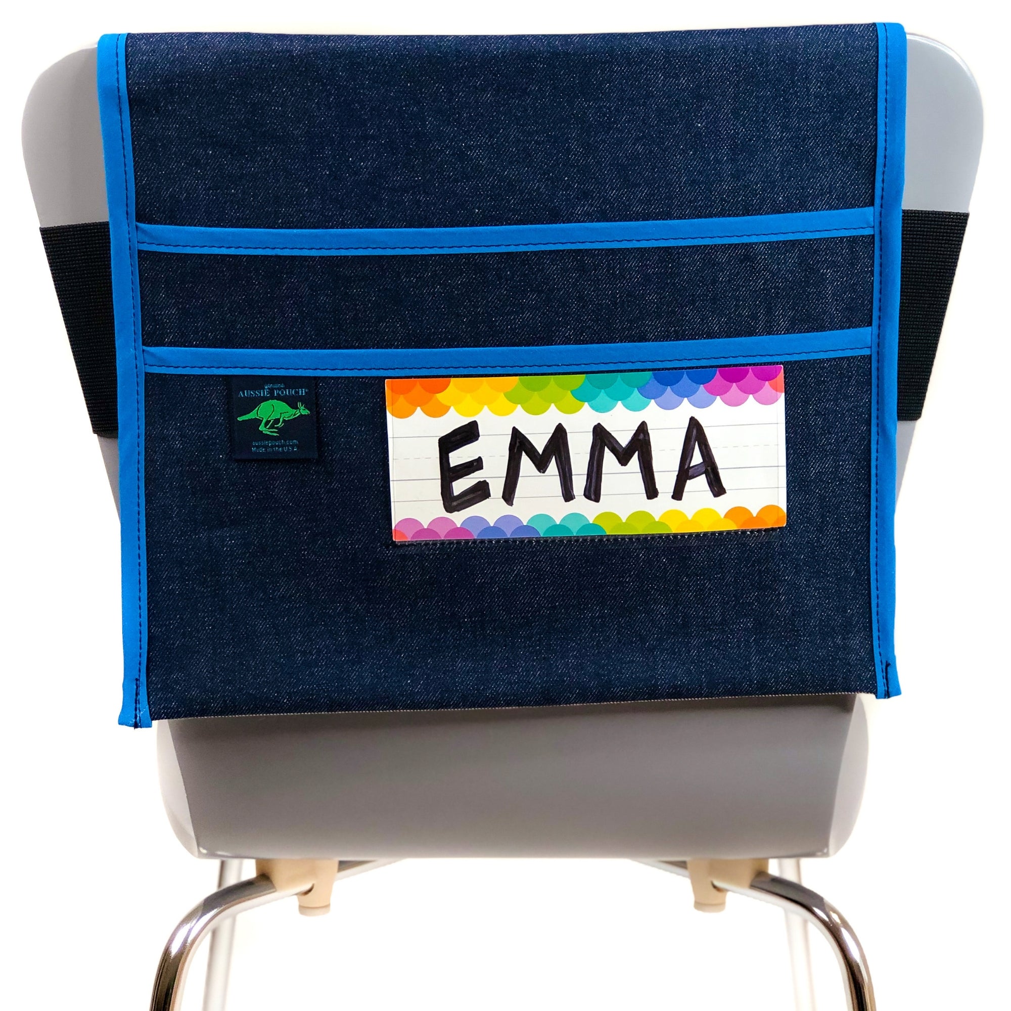 Aussie Pouch Adjustable Chair Pocket Blue Trim with Name Tag Holder