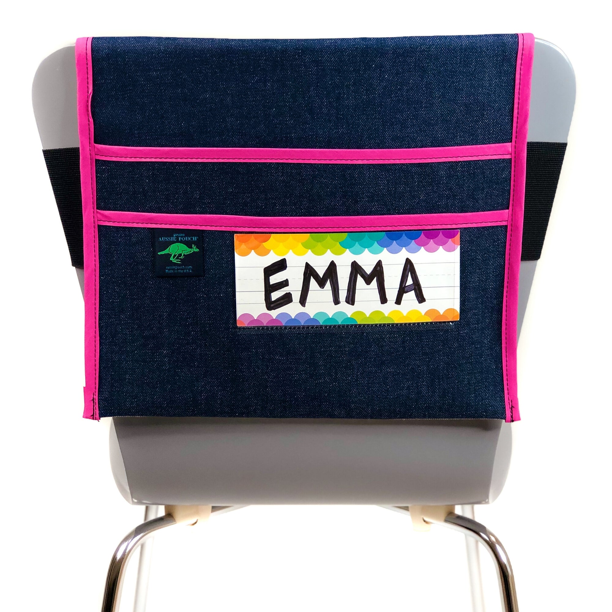 Aussie Pouch Classic Adjustable Chair Pocket Pink Trim with Name Tag Holder