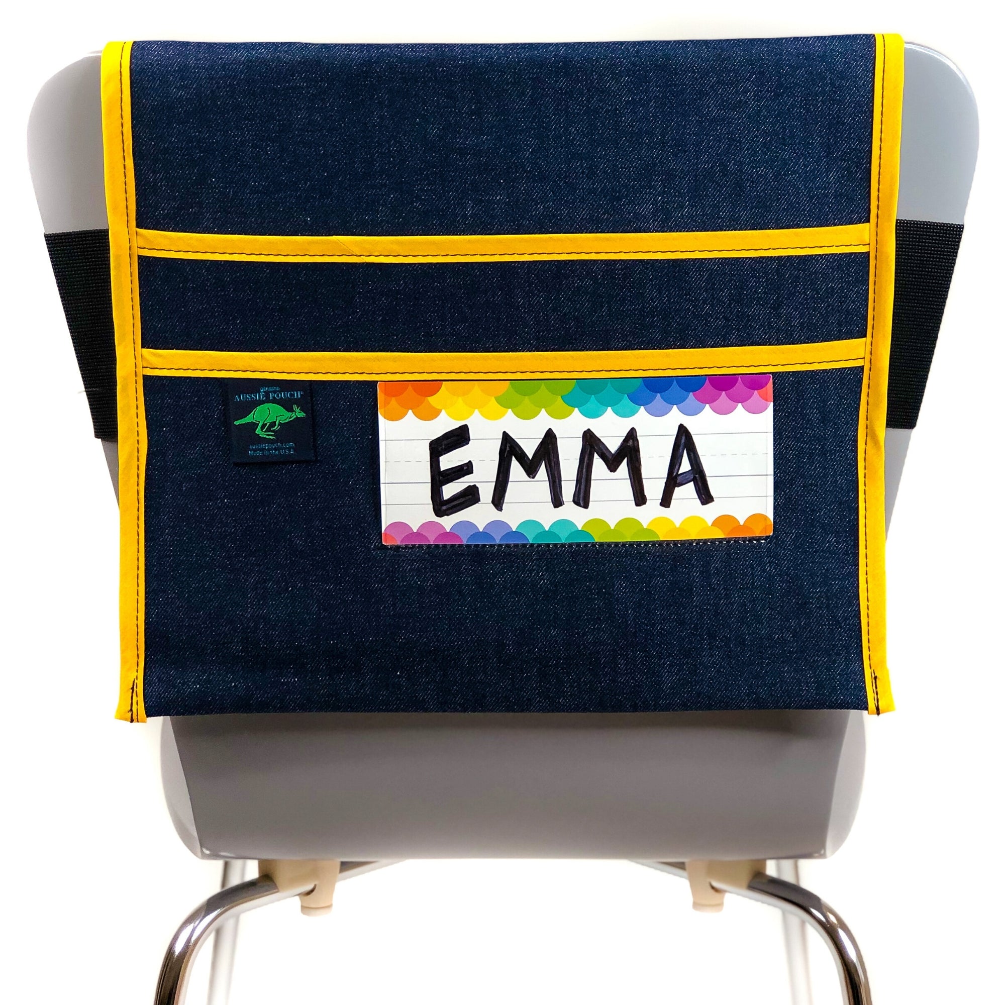 Aussie Pouch Adjustable Chair Pocket Yellow Trim with Name Tag Holder