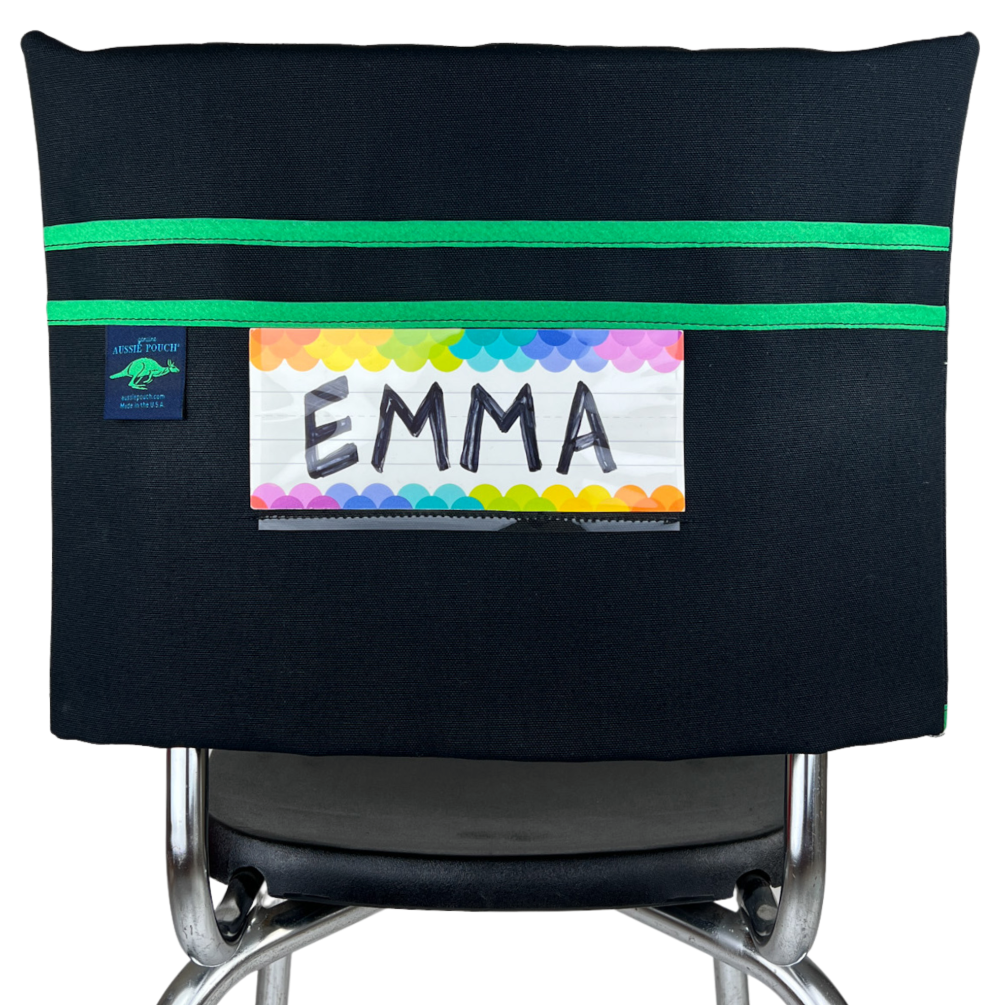 Aussie Pouch® Classic School Chair Pocket Black Canvas with Green Trim and Name Tag Holder
