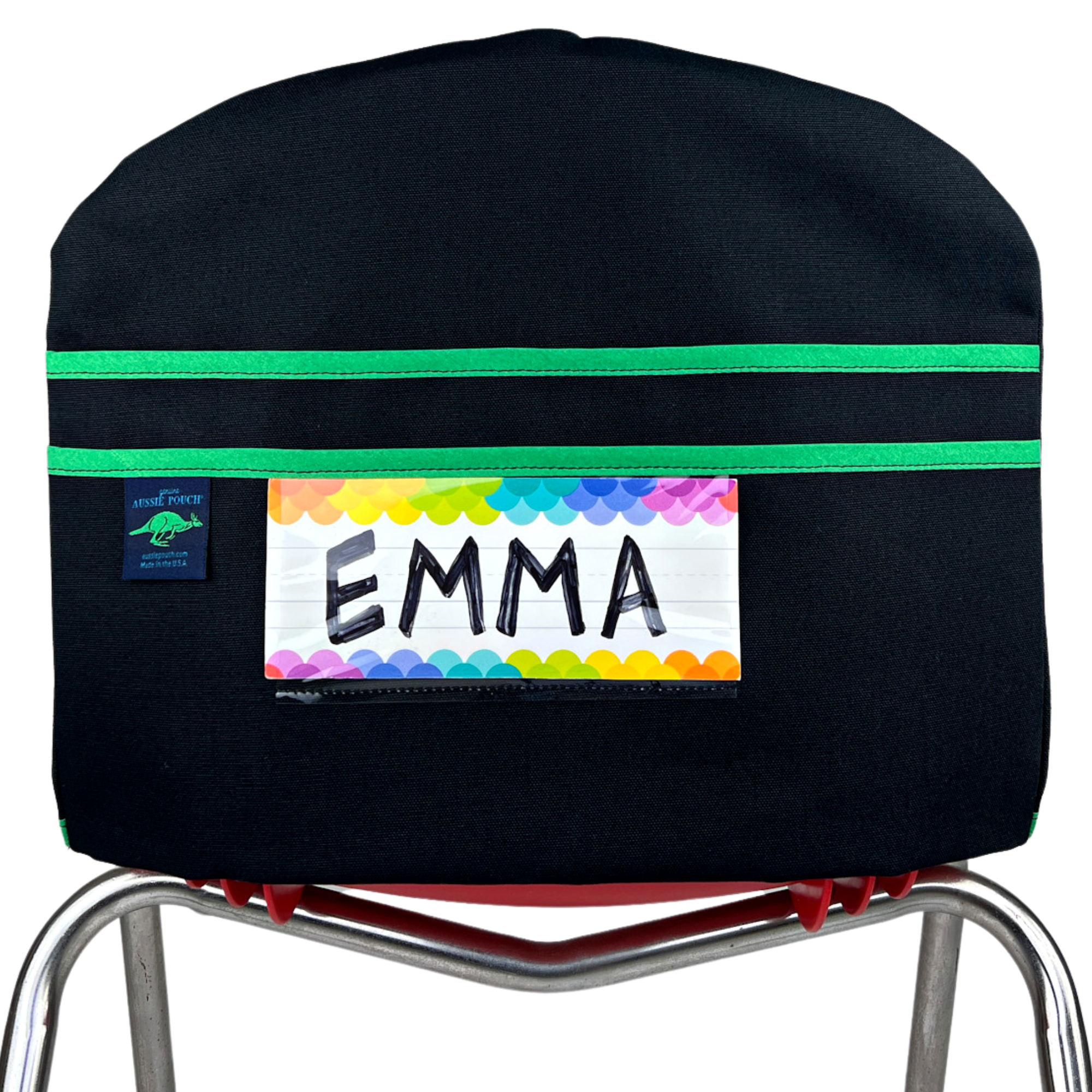 Aussie Pouch® Curve School Chair Pocket Black Canvas with Green Trim and Name Tag Holder