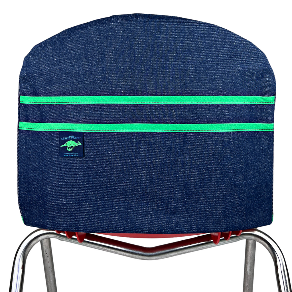 Aussie Pouch® Curve School Chair Pocket Denim with Green Trim
