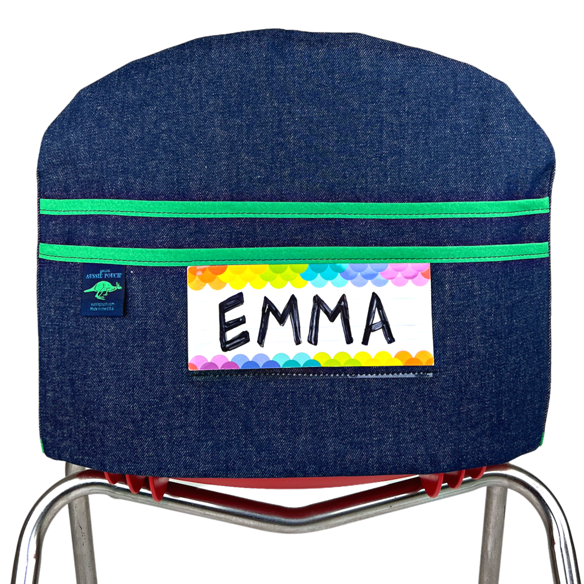 Aussie Pouch® Curve School Chair Pocket Denim with Green Trim and Name Tag Holder