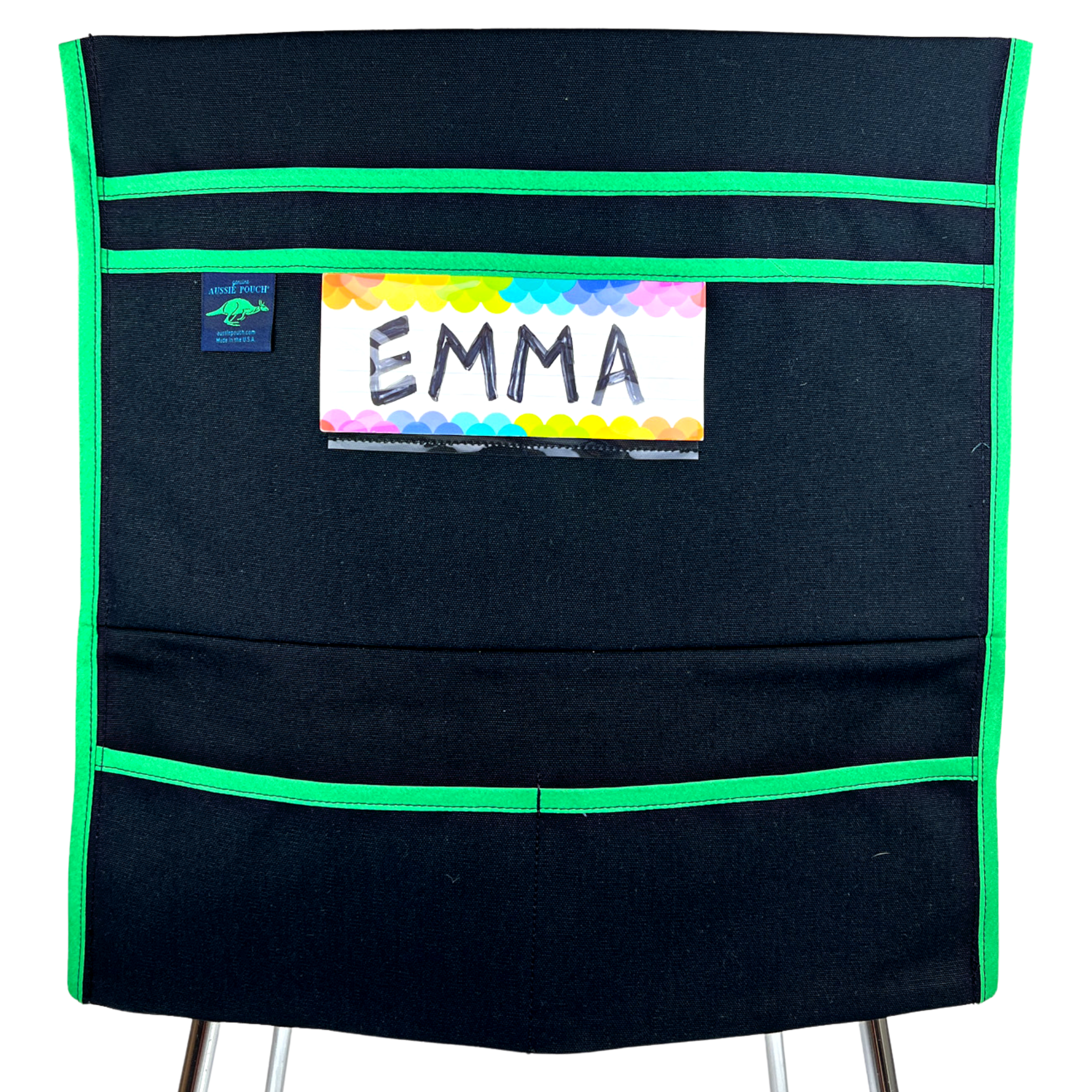 Aussie Pouch® Organizer School Chair Pocket Black Canvas with Green Trim and Name Tag Holder