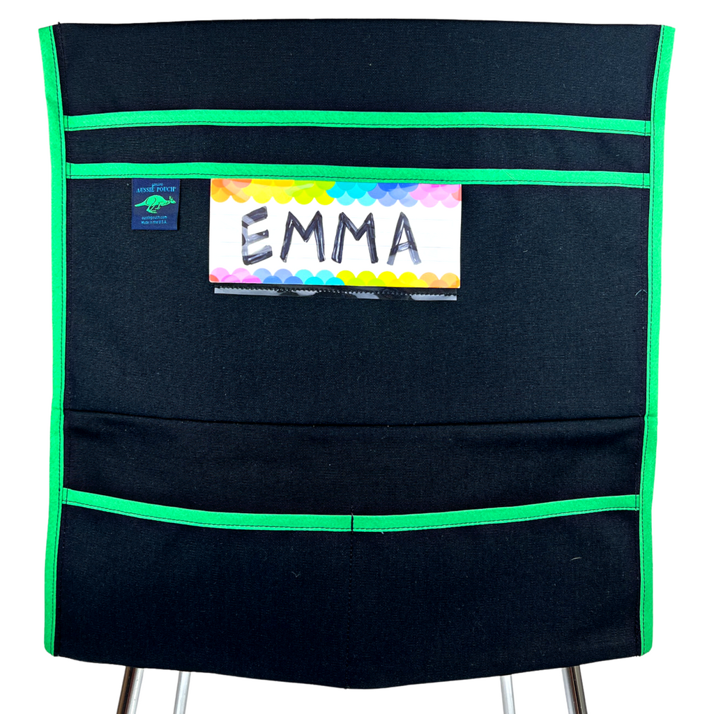 Aussie Pouch® Organizer School Chair Pocket Black Canvas with Green Trim and Name Tag Holder